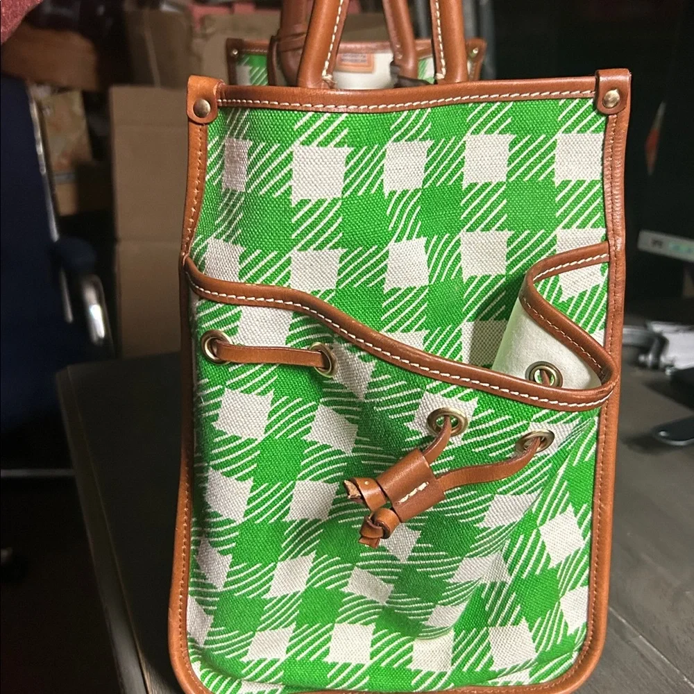 Dooney‎ & Bourke Green Checkered Tote with Brown Accents